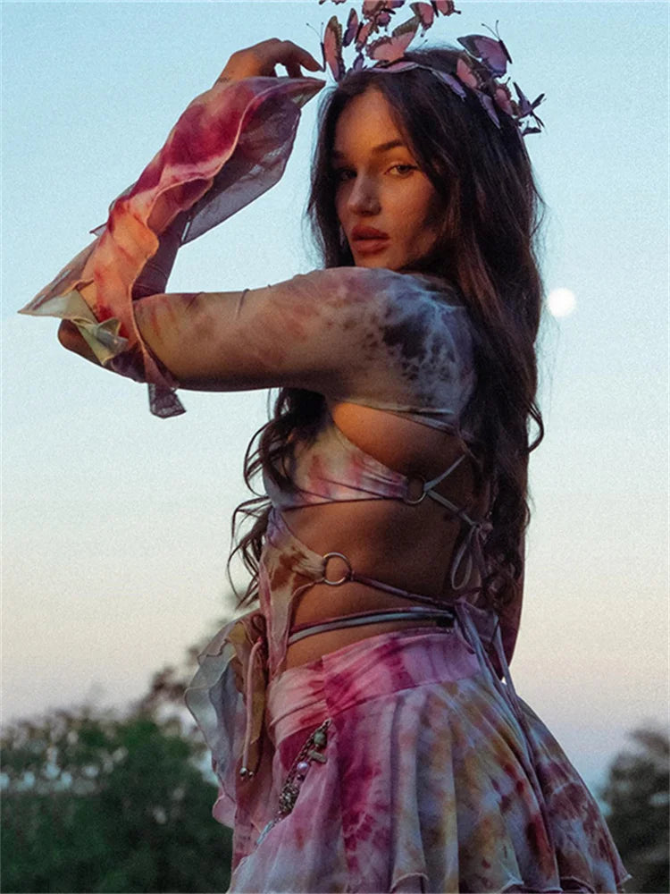 Weird Puss Hollow Sexy Tie Dye Butterfly Print 3 Piece Set Women Camisole Crop Top and Skirt Streetwear Matching Outfit