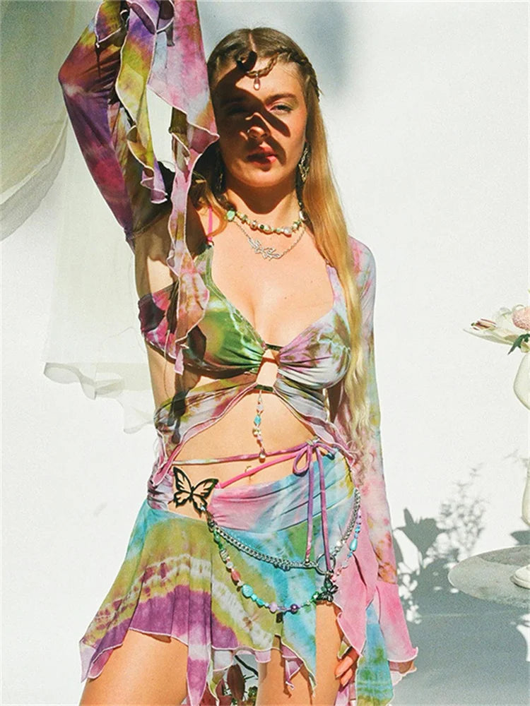 Weird Puss Hollow Sexy Tie Dye Butterfly Print 3 Piece Set Women Camisole Crop Top and Skirt Streetwear Matching Outfit