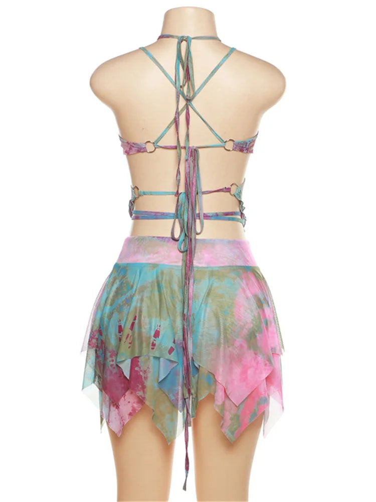 Weird Puss Hollow Sexy Tie Dye Butterfly Print 3 Piece Set Women Camisole Crop Top and Skirt Streetwear Matching Outfit