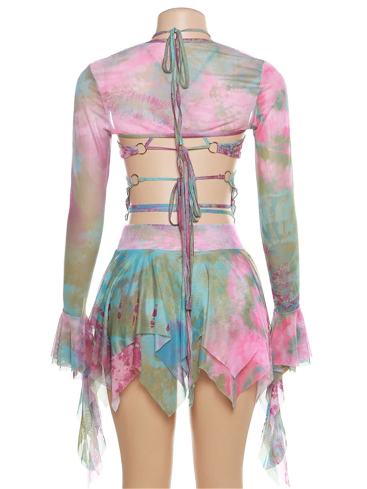 Weird Puss Hollow Sexy Tie Dye Butterfly Print 3 Piece Set Women Camisole Crop Top and Skirt Streetwear Matching Outfit