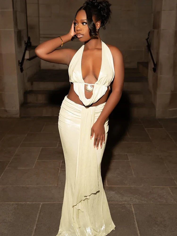 Sexy Two-Piece Women's Set Glitter Metal Buckle Halter Tank Top and Ribbon Skirt Slim Fit Vacation Outfit