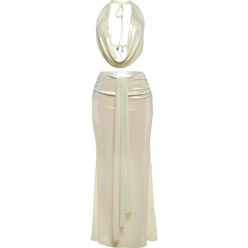 Sexy Two-Piece Women's Set Glitter Metal Buckle Halter Tank Top and Ribbon Skirt Slim Fit Vacation Outfit