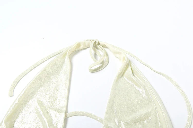 Sexy Two-Piece Women's Set Glitter Metal Buckle Halter Tank Top and Ribbon Skirt Slim Fit Vacation Outfit