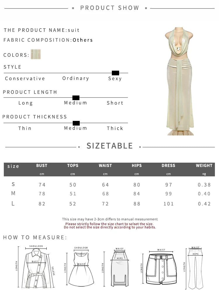 Sexy Two-Piece Women's Set Glitter Metal Buckle Halter Tank Top and Ribbon Skirt Slim Fit Vacation Outfit