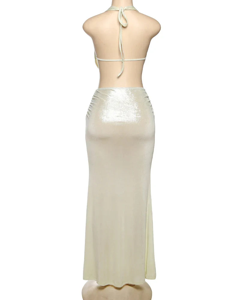 Sexy Two-Piece Women's Set Glitter Metal Buckle Halter Tank Top and Ribbon Skirt Slim Fit Vacation Outfit