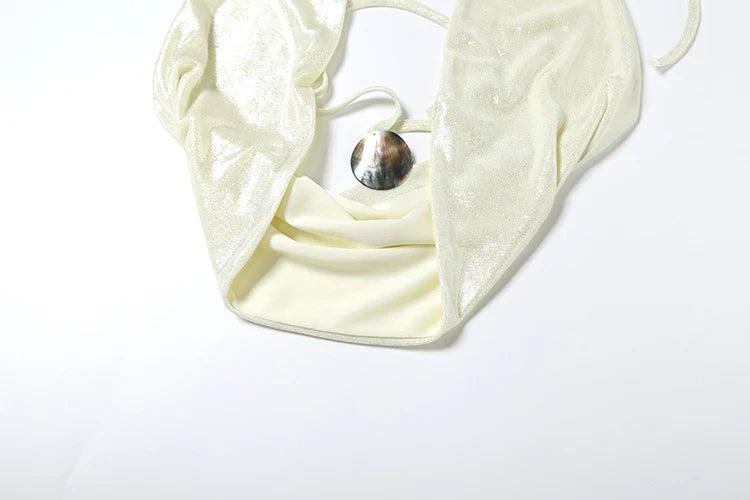 Sexy Two-Piece Women's Set Glitter Metal Buckle Halter Tank Top and Ribbon Skirt Slim Fit Vacation Outfit