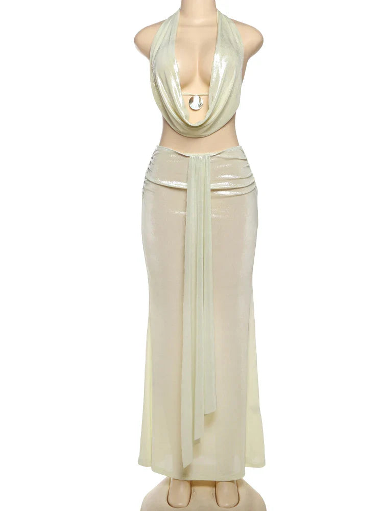 Sexy Two-Piece Women's Set Glitter Metal Buckle Halter Tank Top and Ribbon Skirt Slim Fit Vacation Outfit