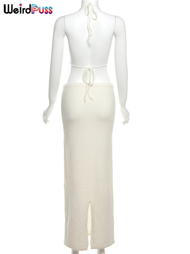 Elegant Floral Tassel Halter Camisole and Skinny Stretch Long Skirt Two-Piece Knit Set for Women Vacation Outfits