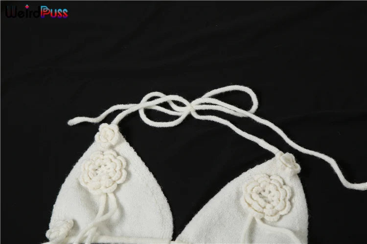 Elegant Floral Tassel Halter Camisole and Skinny Stretch Long Skirt Two-Piece Knit Set for Women Vacation Outfits