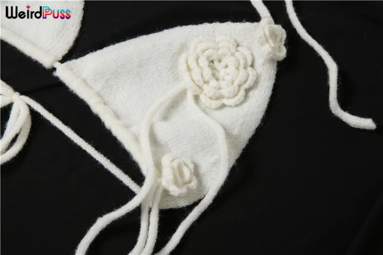 Elegant Floral Tassel Halter Camisole and Skinny Stretch Long Skirt Two-Piece Knit Set for Women Vacation Outfits