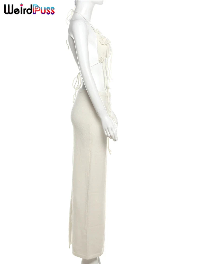 Elegant Floral Tassel Halter Camisole and Skinny Stretch Long Skirt Two-Piece Knit Set for Women Vacation Outfits