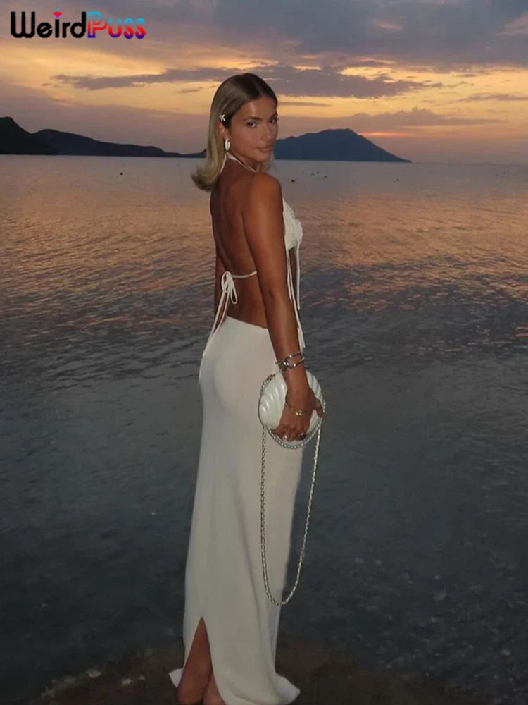 Elegant Floral Tassel Halter Camisole and Skinny Stretch Long Skirt Two-Piece Knit Set for Women Vacation Outfits