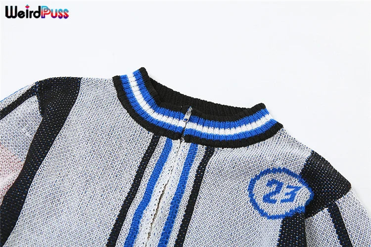 Weird Puss Skinny Elastic Knit Women Two Piece Set Crochet Letter Print Zip Sweater Top and Waistband Skirt Casual Streetwear Outfit