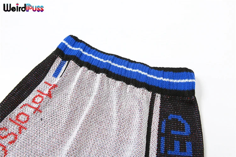 Weird Puss Skinny Elastic Knit Women Two Piece Set Crochet Letter Print Zip Sweater Top and Waistband Skirt Casual Streetwear Outfit