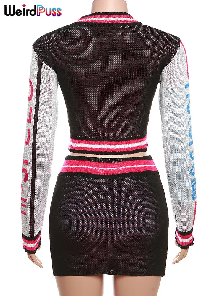 Weird Puss Skinny Elastic Knit Women Two Piece Set Crochet Letter Print Zip Sweater Top and Waistband Skirt Casual Streetwear Outfit