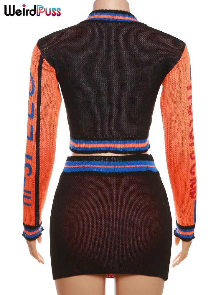 Weird Puss Skinny Elastic Knit Women Two Piece Set Crochet Letter Print Zip Sweater Top and Waistband Skirt Casual Streetwear Outfit