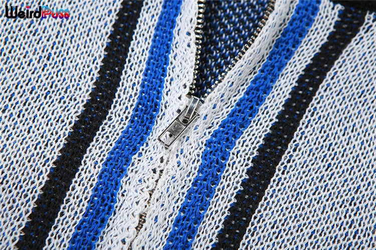 Weird Puss Skinny Elastic Knit Women Two Piece Set Crochet Letter Print Zip Sweater Top and Waistband Skirt Casual Streetwear Outfit