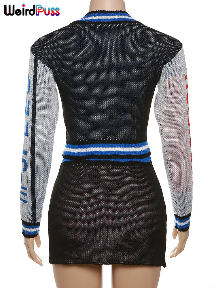 Weird Puss Skinny Elastic Knit Women Two Piece Set Crochet Letter Print Zip Sweater Top and Waistband Skirt Casual Streetwear Outfit