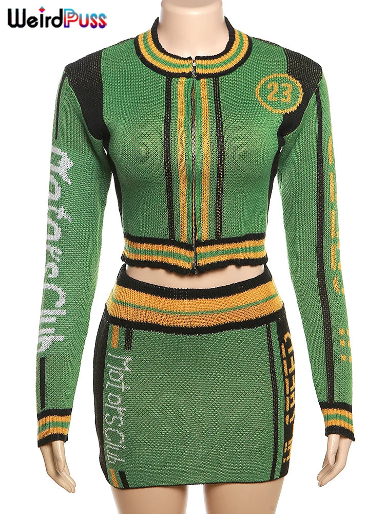 Weird Puss Skinny Elastic Knit Women Two Piece Set Crochet Letter Print Zip Sweater Top and Waistband Skirt Casual Streetwear Outfit