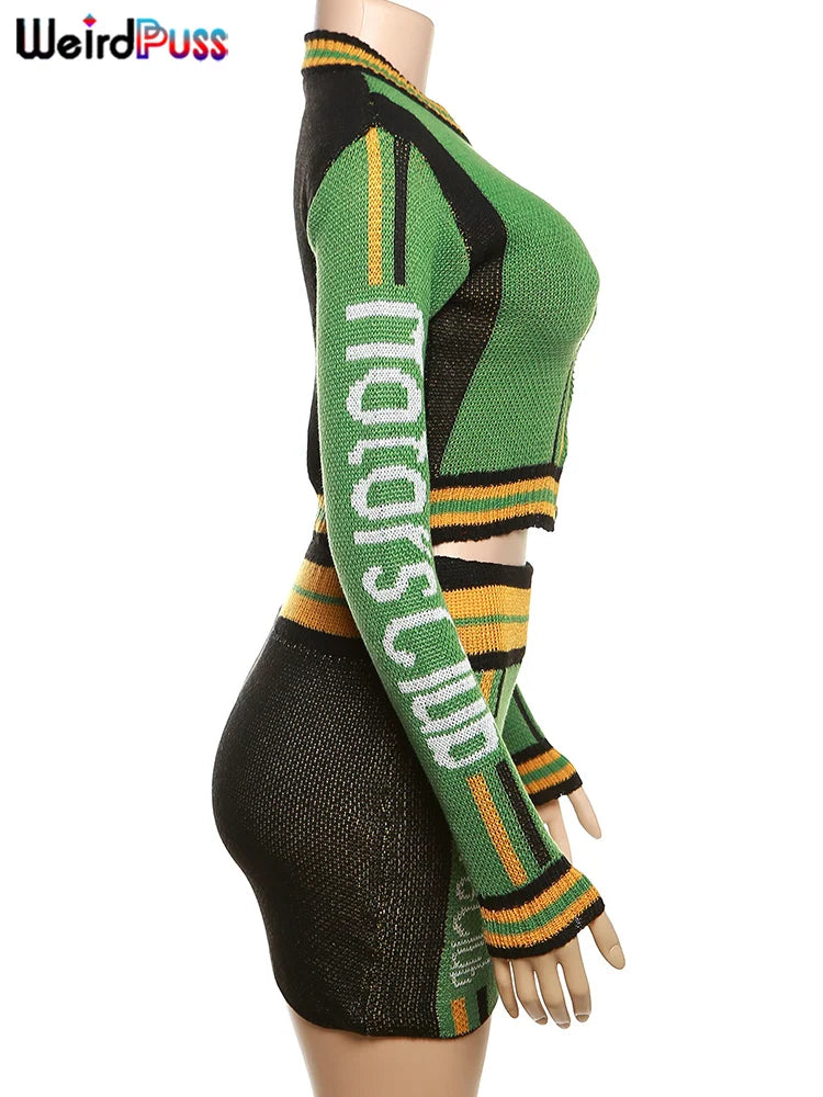 Weird Puss Skinny Elastic Knit Women Two Piece Set Crochet Letter Print Zip Sweater Top and Waistband Skirt Casual Streetwear Outfit