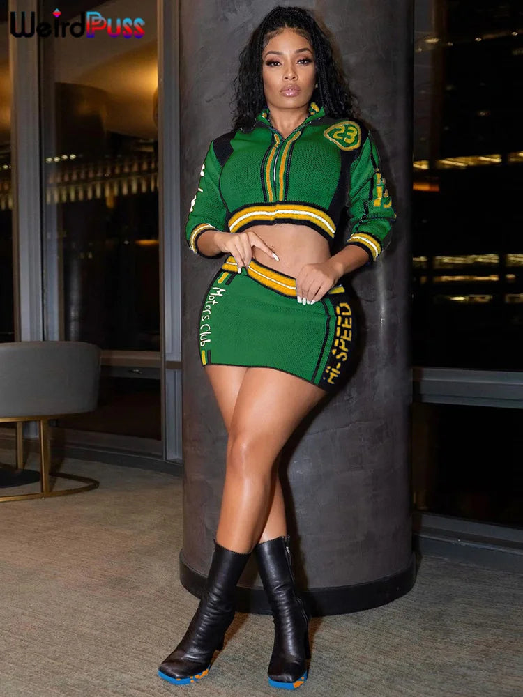 Weird Puss Skinny Elastic Knit Women Two Piece Set Crochet Letter Print Zip Sweater Top and Waistband Skirt Casual Streetwear Outfit