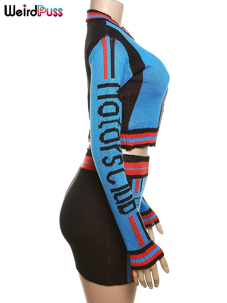 Weird Puss Skinny Elastic Knit Women Two Piece Set Crochet Letter Print Zip Sweater Top and Waistband Skirt Casual Streetwear Outfit