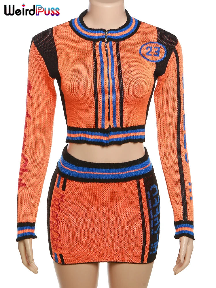 Weird Puss Skinny Elastic Knit Women Two Piece Set Crochet Letter Print Zip Sweater Top and Waistband Skirt Casual Streetwear Outfit