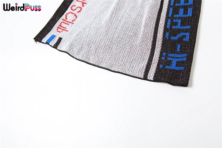 Weird Puss Skinny Elastic Knit Women Two Piece Set Crochet Letter Print Zip Sweater Top and Waistband Skirt Casual Streetwear Outfit