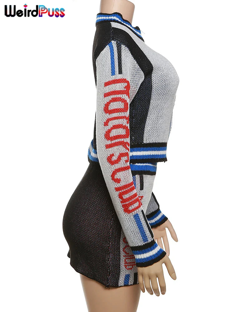 Weird Puss Skinny Elastic Knit Women Two Piece Set Crochet Letter Print Zip Sweater Top and Waistband Skirt Casual Streetwear Outfit