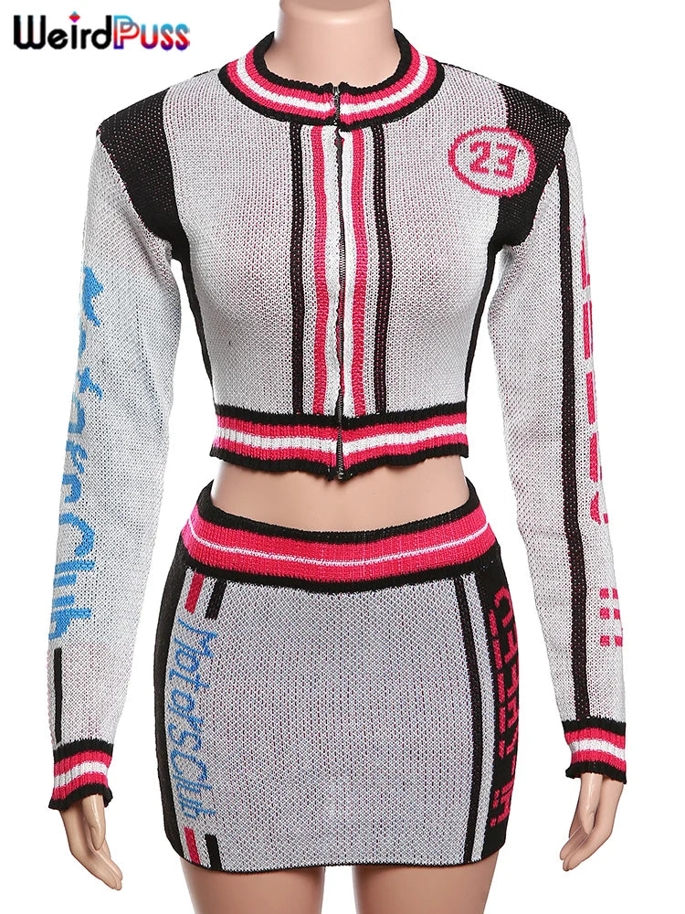 Weird Puss Skinny Elastic Knit Women Two Piece Set Crochet Letter Print Zip Sweater Top and Waistband Skirt Casual Streetwear Outfit