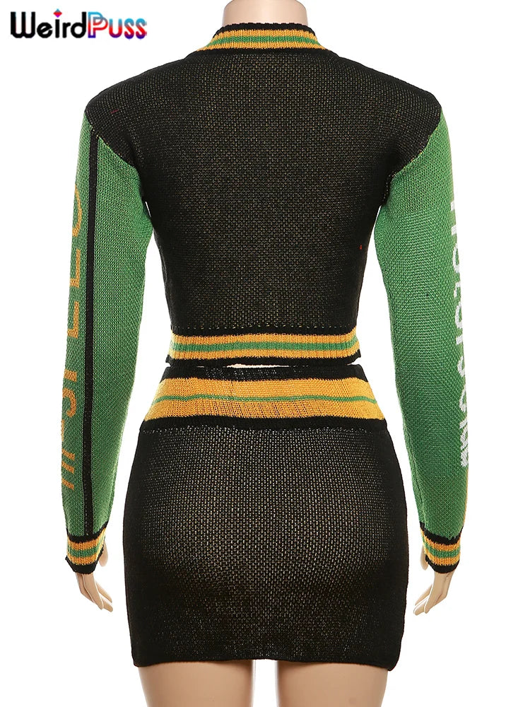 Weird Puss Skinny Elastic Knit Women Two Piece Set Crochet Letter Print Zip Sweater Top and Waistband Skirt Casual Streetwear Outfit