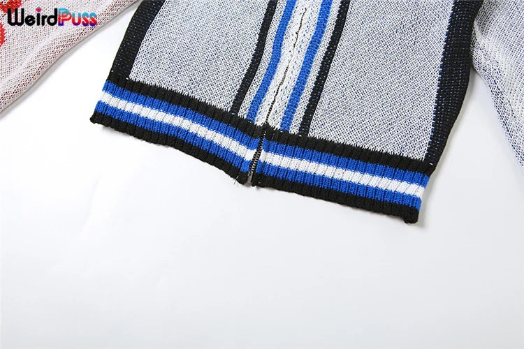 Weird Puss Skinny Elastic Knit Women Two Piece Set Crochet Letter Print Zip Sweater Top and Waistband Skirt Casual Streetwear Outfit