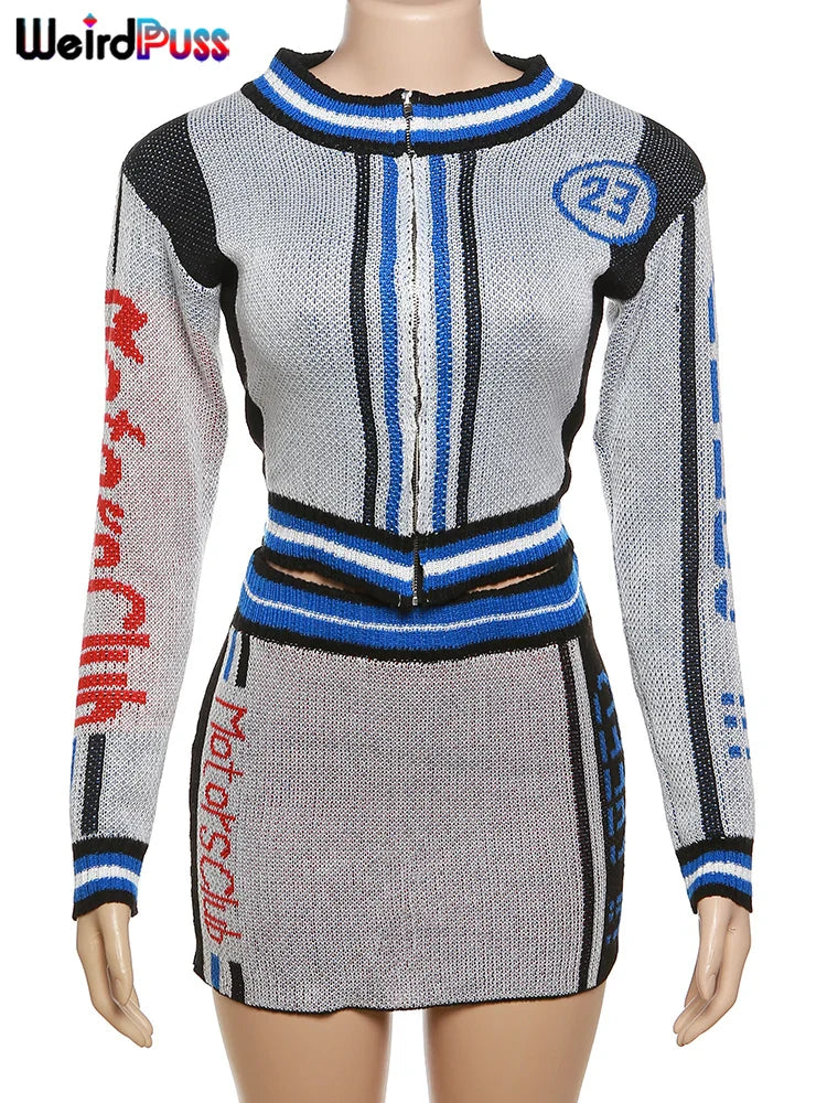 Weird Puss Skinny Elastic Knit Women Two Piece Set Crochet Letter Print Zip Sweater Top and Waistband Skirt Casual Streetwear Outfit