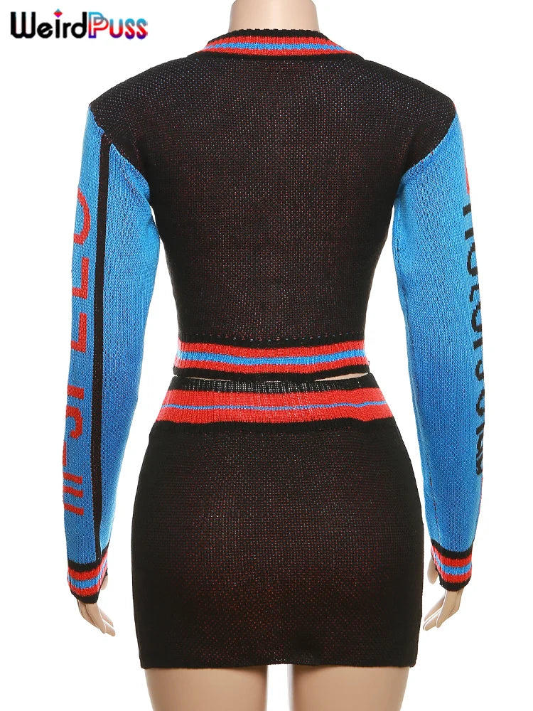 Weird Puss Skinny Elastic Knit Women Two Piece Set Crochet Letter Print Zip Sweater Top and Waistband Skirt Casual Streetwear Outfit