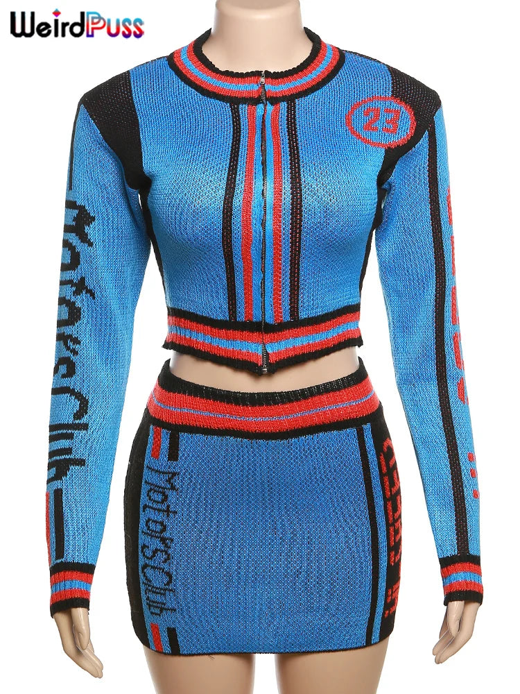 Weird Puss Skinny Elastic Knit Women Two Piece Set Crochet Letter Print Zip Sweater Top and Waistband Skirt Casual Streetwear Outfit