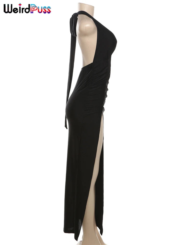Elegant Backless Halter Dress for Women Summer Deep V-Neck Bodycon with Side Split and Ruching for Midnight Parties