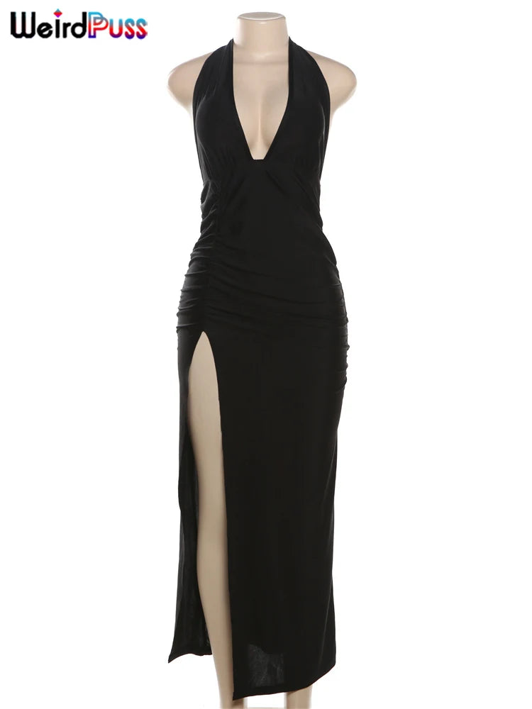 Elegant Backless Halter Dress for Women Summer Deep V-Neck Bodycon with Side Split and Ruching for Midnight Parties