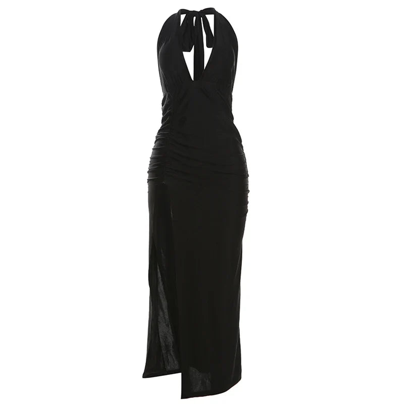 Elegant Backless Halter Dress for Women Summer Deep V-Neck Bodycon with Side Split and Ruching for Midnight Parties