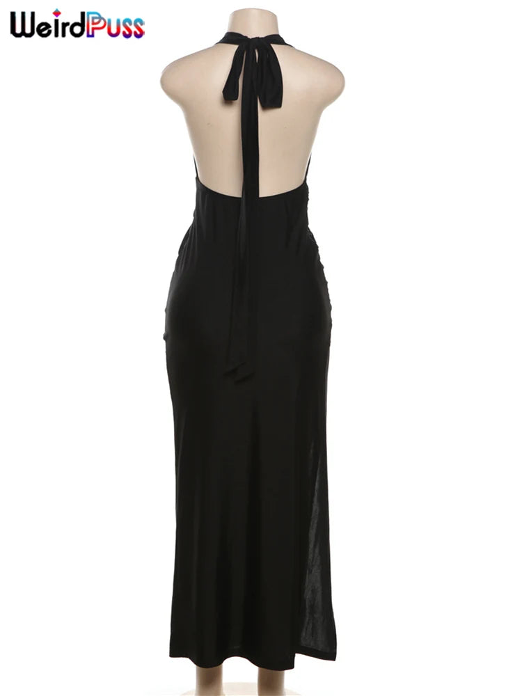 Elegant Backless Halter Dress for Women Summer Deep V-Neck Bodycon with Side Split and Ruching for Midnight Parties