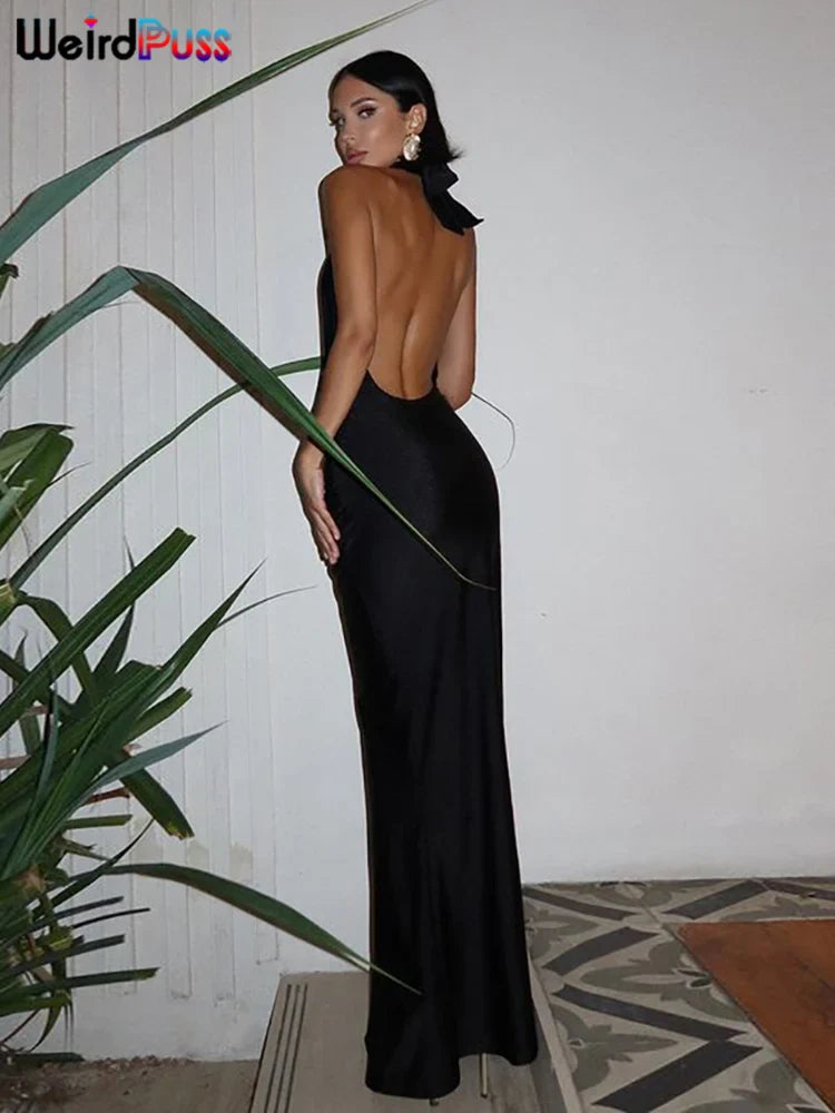 Elegant Backless Halter Dress for Women Summer Deep V-Neck Bodycon with Side Split and Ruching for Midnight Parties