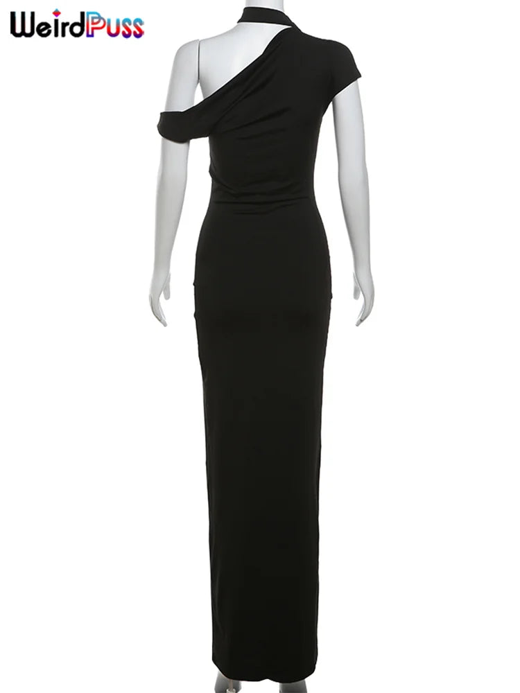 Chic Summer Women's Irregular Collar Sleeveless Dress with Incline Puss Shoulder Design and Body-Hugging Fit