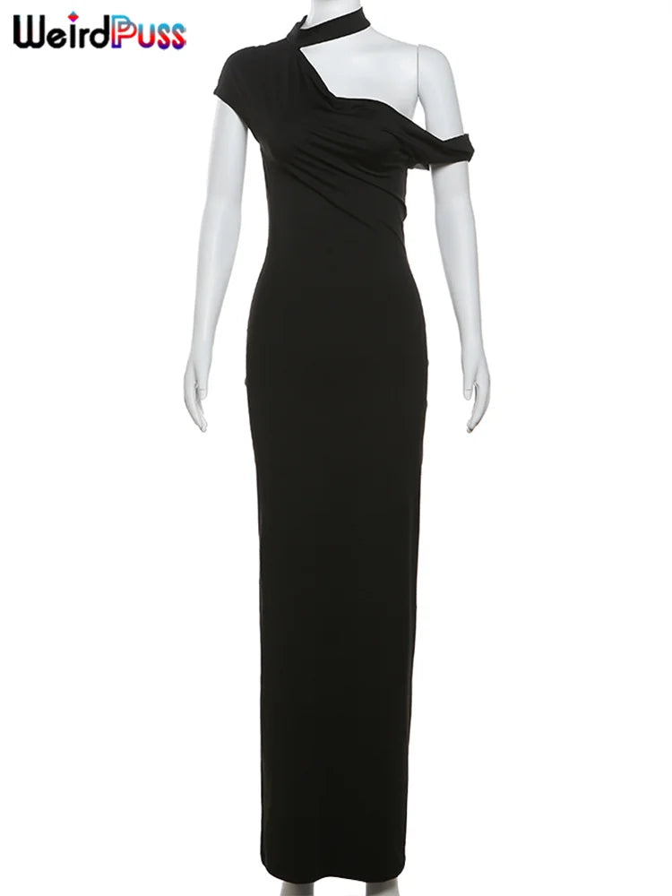 Chic Summer Women's Irregular Collar Sleeveless Dress with Incline Puss Shoulder Design and Body-Hugging Fit