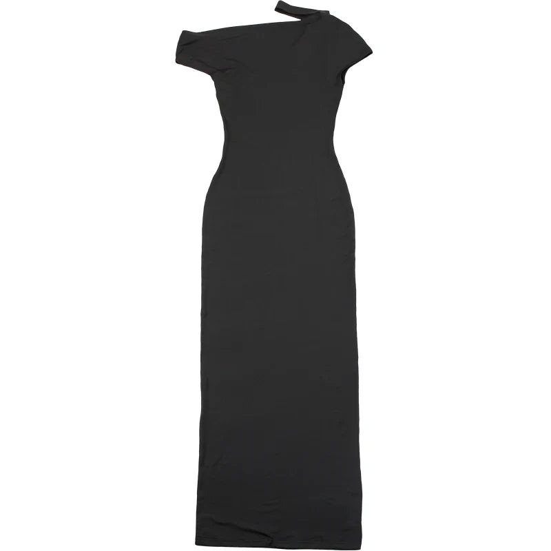 Chic Summer Women's Irregular Collar Sleeveless Dress with Incline Puss Shoulder Design and Body-Hugging Fit