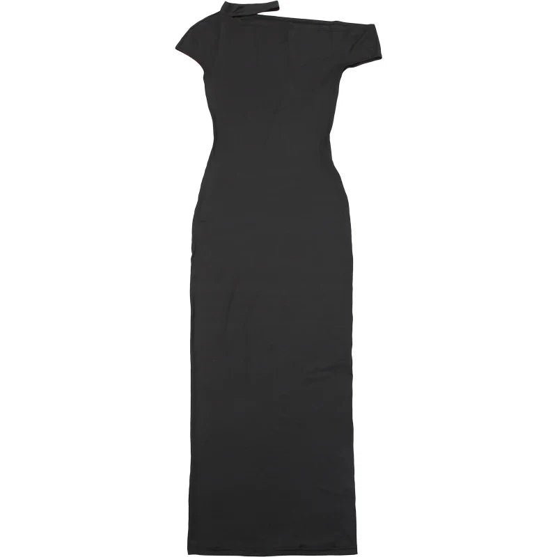 Chic Summer Women's Irregular Collar Sleeveless Dress with Incline Puss Shoulder Design and Body-Hugging Fit