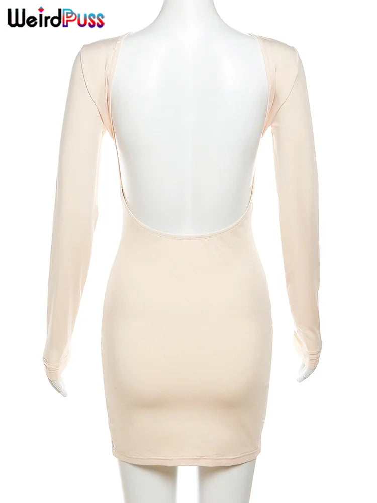 Elegant Backless Women's Dress with Long Sleeves and Slim Fit for Autumn Evening Parties and Prom Events