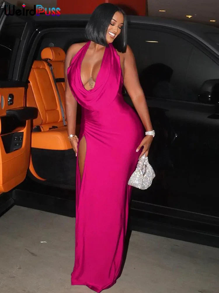 Elegant Women's Sleeveless Backless Halter Dress with Side Split Deep V-Neck for Festive Parties and Special Occasions