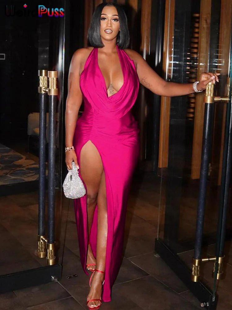 Elegant Women's Sleeveless Backless Halter Dress with Side Split Deep V-Neck for Festive Parties and Special Occasions