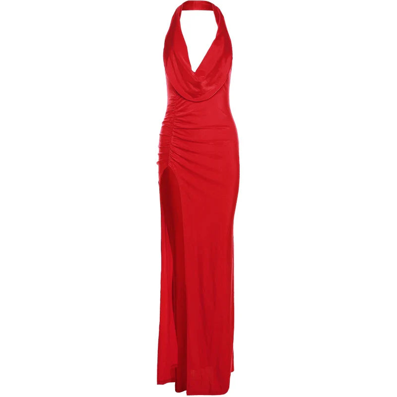 Elegant Women's Sleeveless Backless Halter Dress with Side Split Deep V-Neck for Festive Parties and Special Occasions