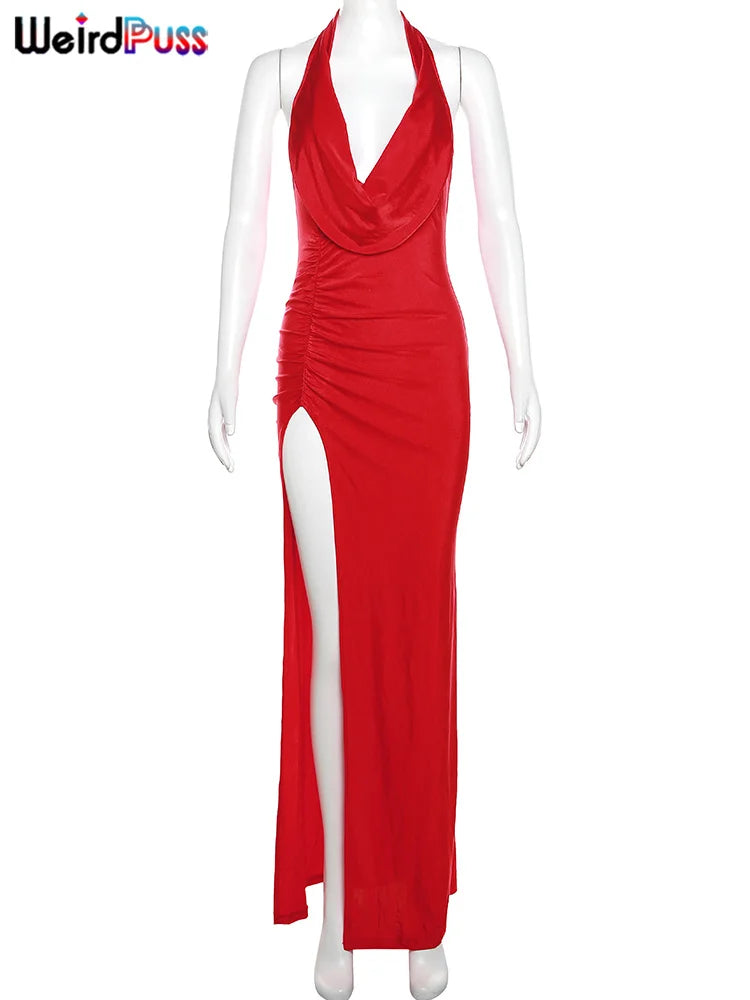 Elegant Women's Sleeveless Backless Halter Dress with Side Split Deep V-Neck for Festive Parties and Special Occasions