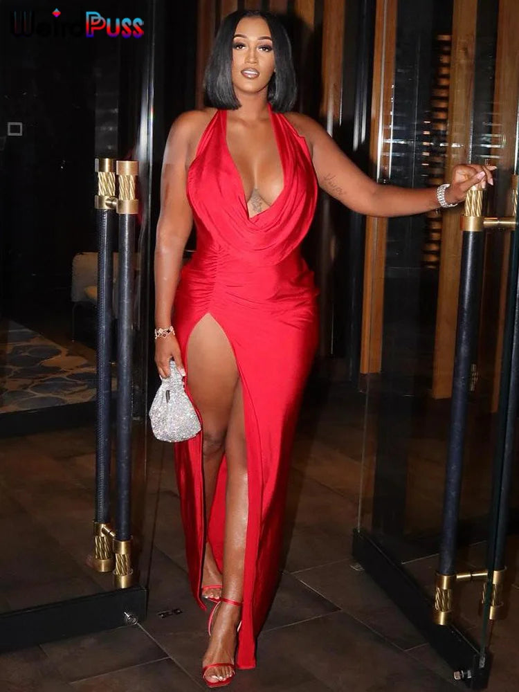 Elegant Women's Sleeveless Backless Halter Dress with Side Split Deep V-Neck for Festive Parties and Special Occasions